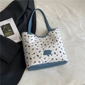 Floral shoulder tote bag with purple prints, blue leather trim and top handle - Blue