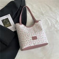 White floral canvas tote bag with pink leather straps and cherry blossom pattern - Purple