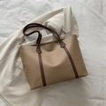 Minimalist large khaki leather tote bag with brown contrast straps for daily office use - Khaki
