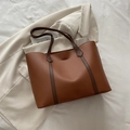 Women's minimalist large capacity brown tote bag with stylish contrasting dark straps - Brown
