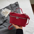 Chic burgundy lychee leather vanity bag with silver hardware and top handle strap - Red