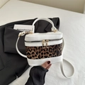 Borsa a scatola retrò in pelle bianca con cuciture leopardate e cerniere dorate - Bianco