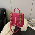 Rose red embossed leather handbag with chunky gold chain strap and metal lock buckle - Pink