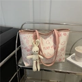 Graffiti printed white and pink tote bag with rabbit plush pendant for autumn commute - Pink With Pendant