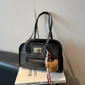 Vintage dark gray canvas underarm bag with black leather trim and cute bear charm - With Pendant / Black