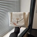 Chic white faux leather tote bag with gold chain handles and deer charm pendant - White
