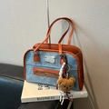 Blue denim and caramel leather patchwork tote bag with a brown plush bear charm - With Pendant / Brown