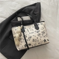 Chic off-white printed tote bag with graffiti pattern and cute plush rabbit charm - With Pendant / Black