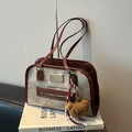 Retro khaki canvas underarm bag with brown leather trim and cute teddy bear charm - With Pendant / Red