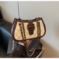 Quilted beige shoulder bag with brown trim and metallic chain strap in retro style - Off White