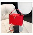 Dettaglio macro della borsa rossa intrecciata con fibbia in metallo a V dorata - Rosso