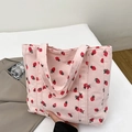 Pink corduroy tote bag with strawberry print and large capacity in sweet style - Pink