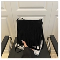 Close-up of black faux suede fringe detailing and smooth zipper closure on crossbody bag - Black