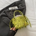 Sparkling bright green sequin bucket bag with drawstring liner and silver chain strap - Green