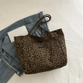 Vintage leopard print canvas tote bag with front pocket and dual shoulder straps - Leopard Print (Brown)