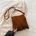 Vintage brown suede fringe shoulder bag with bohemian long tassels and metal buckle - Brown
