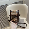 Piccola borsa a tracolla retrò con tessuto geometrico e dettagli in pelle marrone - Cachi
