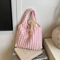 Pink cloud bubble texture tote bag with a cream lace bow accent on a vintage trunk - Light Pink