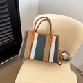 Retro striped tote bag with green brown white canvas and leather trim handles - Blue