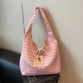 Pink and blue plaid canvas tote bag with a woven label and cream drawstring ribbon - Pink