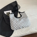 Polka dot canvas tote bag in white and black with matching shoulder straps - White