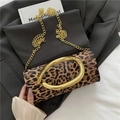 Retro leopard print box clutch with large gold metal buckle and chain strap - Leopard Print
