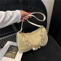 Straw woven shoulder bag with white leather trim and shell decorative chain for women - Khaki