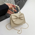 Mini borsa beige con fiocco, manico di perle e texture litchi per bambine - Cachi