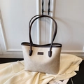 Minimalist beige leather tote bag with coffee brown straps and fashion patch detail - White Without Pendant