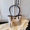 Minimalist apricot tote bag with brown trim and cute plush bear charm for daily commuting - White With Pendant