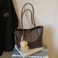 Dark brown faux leather tote bag with FASHION embossment and plush bear charm - Coffee With Pendant