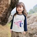Girl's raglan sleeve T-shirt with navy blue sleeves and pink cartoon dog graphic - 90 / Navy Blue