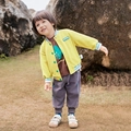 Boys yellow waffle knit baseball jacket with cute elephant print tee and casual pants - 80cm / Tops / Yellow-Green