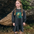 Dark charcoal grey girls long sleeve dress with green graphic print and ruffled hem - Navy Blue