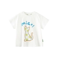 White cotton baby T-shirt featuring shoulder snaps and a cute cat cartoon graphic print - 120 / Cloud White