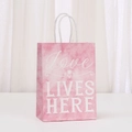 Pink watercolor gift paper bag with tulip design and Love Lives Here text and rope handle - Pink Watercolor Love Lives Here Style (466-5)