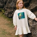 Girl's cream cotton long sleeve sweatshirt dress with owl print and ruffled hemline - Beige / 110cm