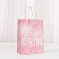 Detail of pink kraft paper gift bag featuring Hello Spring tulip design and paper handles - Pink Cloud Pattern Hello SPRING Style (466-3)