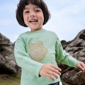 Mint green kids' sweater with a brown bear patch and ribbed cuffs on a scenic outdoor background - 80cm / Bear (Tender Green) / Grass Green