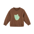 Donkerbruine gebreide kindertrui met groene cartoon patch en geribbelde boorden - Bruin