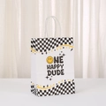 Dettaglio di un sacchetto regalo bianco con smiley giallo e motivo a scacchi neri - Stile Bordo Scacchiera Bianco (473-5)
