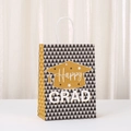 Close-up of Graduation gift bag with golden mortarboard pattern and white rope handle - Triangular Geometric Pattern Happy-GRAD Style / 469-6 (21x15x8cm)