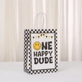 Yellow smiley face kraft paper gift bag with checkerboard pattern and white rope handle - Checkerboard Border Center Circle Smiley Style (473-1)