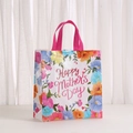 Detail of floral Mother's Day gift bag with Happy Mother's Day print and pink handles - White Colorful Floral (5026-1) / 23x22x11cm