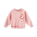 Pink crewneck knit sweater for kids with red contrast stitching and moon patch - Pink / 80cm