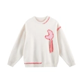 Cream knit sweater with red stitching and pink heart fringe for boys and girls - Beige / 170cm