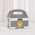Detail of checkered party gift box with yellow smiley face and One Happy Dude text - 16*9*9 / Checkerboard ONE Style (A029-1)