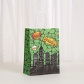 Comic style green gift bag with city silhouette and colorful Boom Pow superhero prints - Dark Green Comic Onomatopoeia Style (476-1)