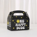 Detail of a black gift box featuring a yellow smiley face and One Happy Dude text - 16*9*9 / Black ONE HAPPY DUDE Style (A029-6)