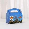 Comic city hero themed blue gift box with spider web and boom explosion graphics - Blue